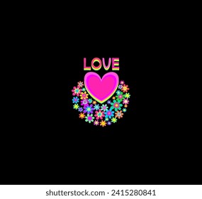 Fashion girl t-shirt print with heart shape, love word and colorful flowers on dark background