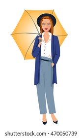 Fashion girl with an umbrella. Vector illustration isolated on white.