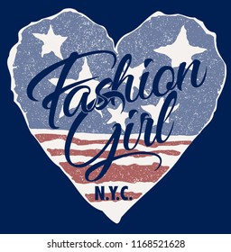 Fashion girl with usa heart flag background, grunge abstract vector print for woman girl t shirt