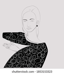 Fashion girl vector cute illustration. Monochrome, black and white, line art.