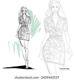 Fashion girl vector drawing sketch. Beautiful young woman in dress vector illustration.