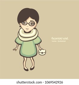 Fashion girl vector illustration. Young stylish Woman with glasses and in green dress. Cute cartoon character. Casual wear.