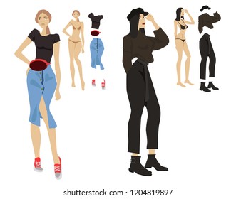 fashion girl vector illustrations set, from underwear to outerwear, style, teenage, look, trendy make-up