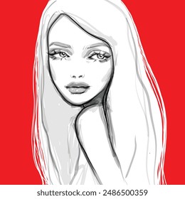 Fashion girl vector portrait. Beautiful young woman model face drawing illustration. Black and white sketch on red background.