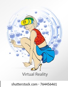 Fashion girl in virtual reality. Digital glasses. Woman in VR glasses for future, Interface technology, user experience.