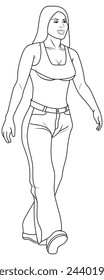 A fashion girl walking in outline and vector format.