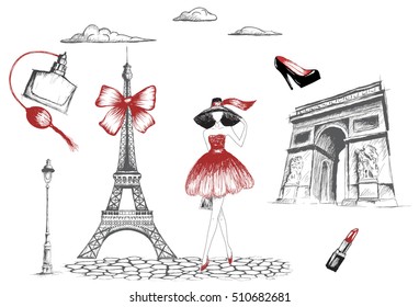 Fashion girl walking in the Paris.Vector hand drawn illustration