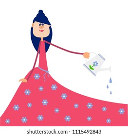Fashion girl watering the flowers.