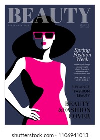 Fashion girl wearing big hat and sunglasses. Woman magazine cover design. Vector illustration