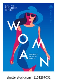 Fashion girl wearing big hat and sunglasses. Woman magazine cover design for summer holiday season. Vector illustration