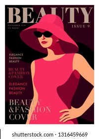 Fashion girl wearing big hat. Woman magazine cover design. Vector illustration