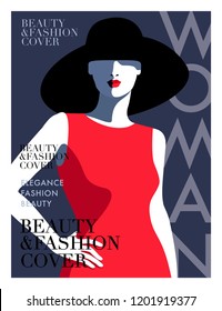 Fashion girl wearing red dress and big black hat. Woman magazine cover design. Vector illustration