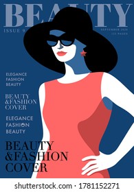 Fashion girl wearing red dress, big black hat and sunglasses. Woman magazine cover design. Vector illustration