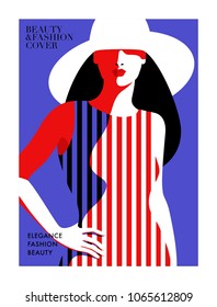 Fashion girl wearing striped dress and big white hat. Woman magazine cover concept. Vector illustration