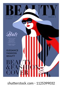 Fashion girl wearing striped dress, big white hat and sunglasses. Woman magazine cover design. Vector illustration