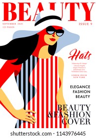 Fashion girl wearing striped dress, big white hat and sunglasses. Woman magazine cover design. Vector illustration