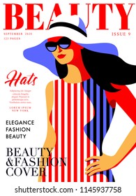 Fashion girl wearing striped dress and big hat. Woman magazine cover design. Vector illustration