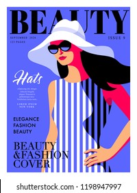 Chica de moda con vestido a rayas y sombrero grande. Diseño de portada de revista femenina. Ilustración del vector