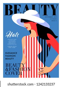 Fashion girl wearing striped dress and big hat. Woman magazine cover design. Vector illustration