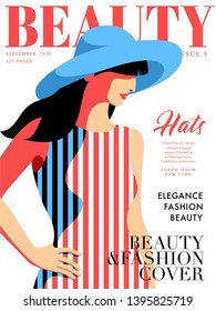 Fashion girl wearing striped dress and big hat. Woman magazine cover design. Vector illustration