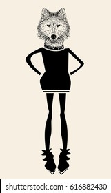 Fashion girl wolf dressed up in little black dress, vector illustration