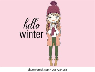 fashion girl woman hello winter vector art design femme
 hot chocolate coffee beauty belle