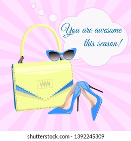 Fashion girl (woman) set with yellow bag, light blue shoes and sun glasses on the pink retro background 