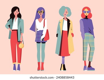 Mujer y chica de moda. Ilustración vectorial en paleta de color limitada en un estilo minimalista