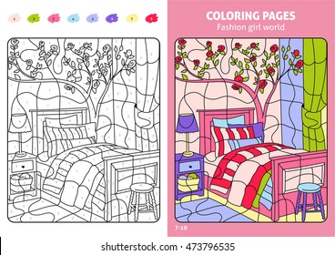 Fashion girl world coloring pages for kids, room. Printable design coloring book. Coloring puzzle with numbers of color. Black and white draw with color example. Coloring book. Color numbers book.