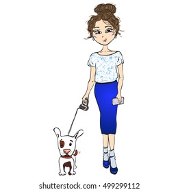 Fashion girl. Young girl walking with a dog. Vector illustration handmade
