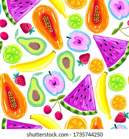 Fashion Girlish funny wallpapers. Seamless pattern with watermelon, strawberries, avocado, papaya and oranges on white background. Bright summer fruits illustration. Fruit mix design for fabric