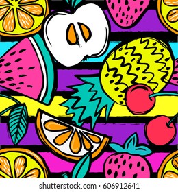 Fashion Girlish funny wallpapers. Seamless pattern with yellow pineapples, juicy strawberries and oranges on black background. Bright  tropical fruits illustration for fabric and decor.