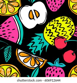 Fashion Girlish funny wallpapers. Seamless pattern with yellow pineapples, juicy strawberries and oranges on black background. Bright  tropical fruits illustration for fabric and decor.