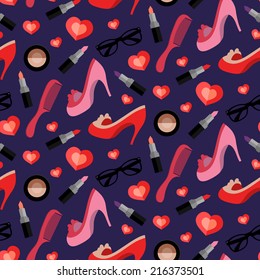 Fashion girlish seamless pattern with glamorous elements lipstick, com, shoes, glasses, heart, powder box in trendy flat style. Fashion woman accessory endless flat texture