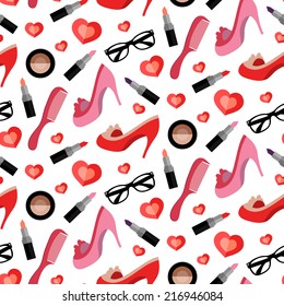 Fashion girlish seamless pattern with glamorous elements lipstick, com, shoes, glasses, heart, powder box in trendy flat style. Fashion woman accessory endless flat texture