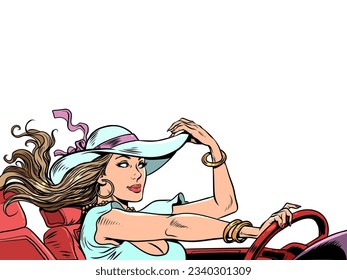 Fashion and girls are always together. A wealthy woman travels the world in her car. Attractive girl in dress and hat driving cabriolet. Pop Art Retro Vector Illustration Kitsch Vintage 50s 60s Style