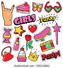 Fashion Girls Badges, Patches, Stickers - Cake, Hand, Heart, Crown and Lipstick in Pop Art Comic Style. Vector illustration