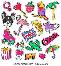 Fashion Girls Badges, Patches, Stickers - Flamingo Bird, Pizza Parrot and Heart in Comic Style. Vector illustration