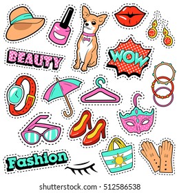 Fashion Girls Badges, Patches, Stickers - Comic Bubble, Dog, Lips and Clothes in Pop Art Style. Vector illustration