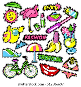 Fashion Girls Badges, Patches, Stickers - Bicycle Banana Flamingo Lipstick in Comic Style. Vector doodle