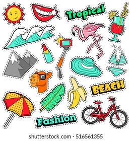 Fashion Girls Badges, Patches, Stickers - Bicycle Banana Flamingo Lipstick in Comic Style. Vector doodle
