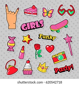 Fashion Girls Badges, Patches, Stickers - Cake, Hand, Heart, Crown and Lipstick in Pop Art Comic Style. Vector illustration