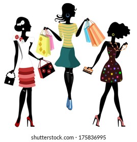 Fashion girls with bags, silhouettes