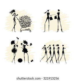 Fashion girls black silhouettes collection. Vector illustration