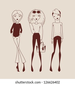 fashion girls black and white isolated posing on light background vector illustration eps 10