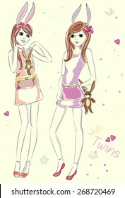 Fashion girls with  bunny toys hand drawn illustration Background with model