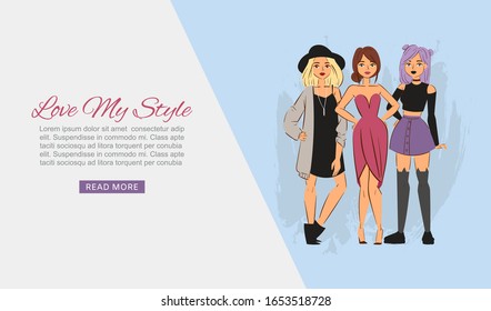 Fashion girls cartoon characters vector illustration. Woman love my style. Beautiful ladies. Cute and young model portraits. Beauty visage. Vogue style and trendy fashion design for teenagers.