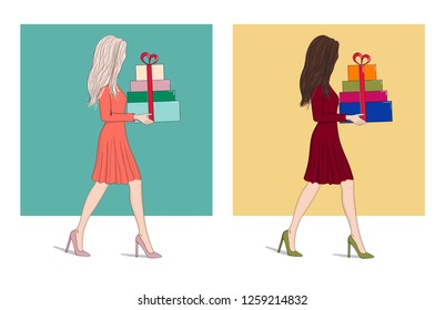 Fashion girls with colorful gift boxes in hands. Greeting card, poster, flyer, invitation. Hand drawn vector illustration.