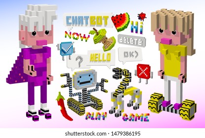 Fashion girls communicate with robots. The virtual reality session. A set of chat icons. Symbols of digital game play.  3D cubes and pixel art, cartoon style. Isometric vector.