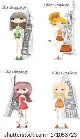 Fashion girls in different country, vector background 